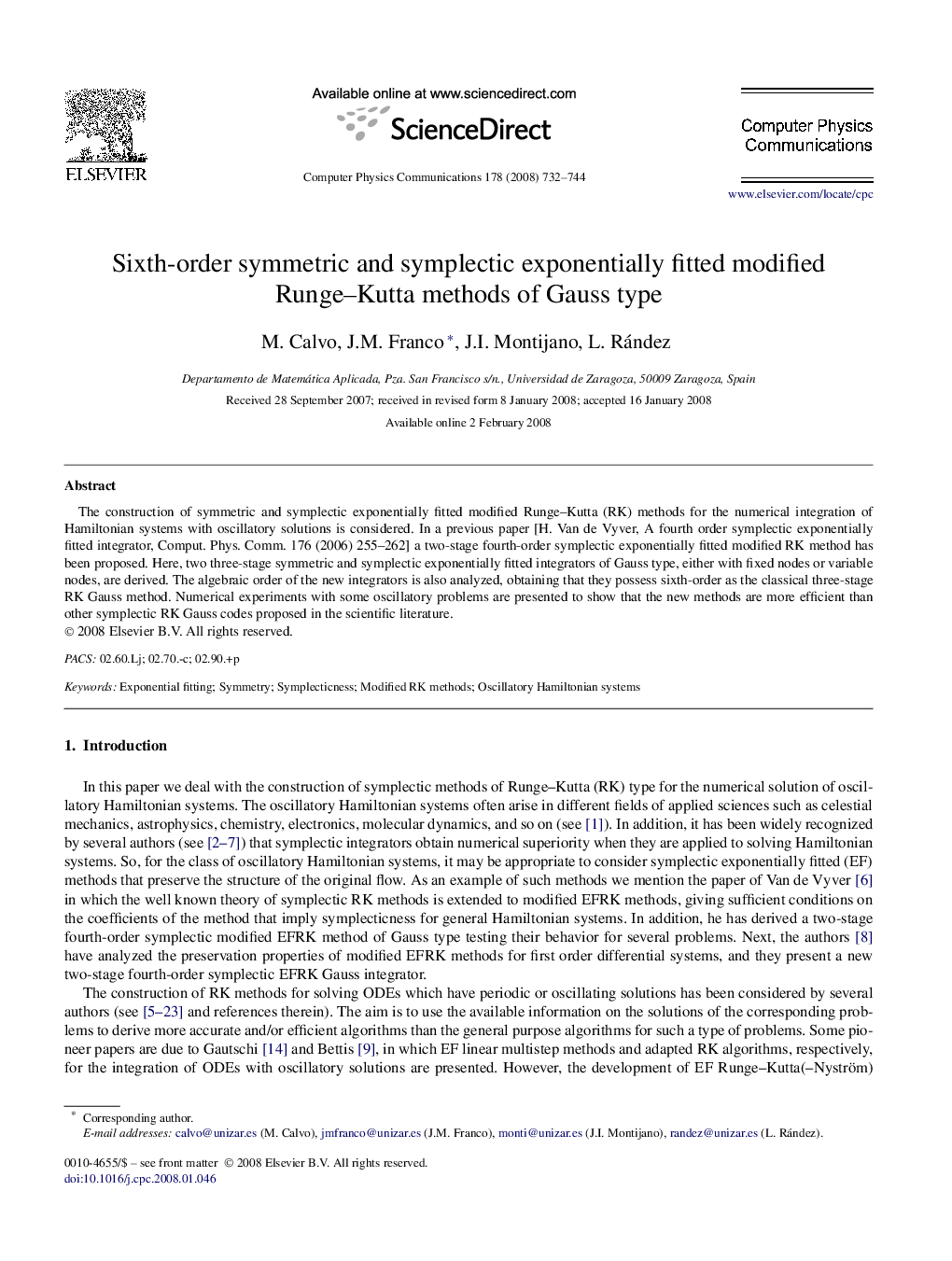 Sixth-order symmetric and symplectic exponentially fitted modified Runge–Kutta methods of Gauss type