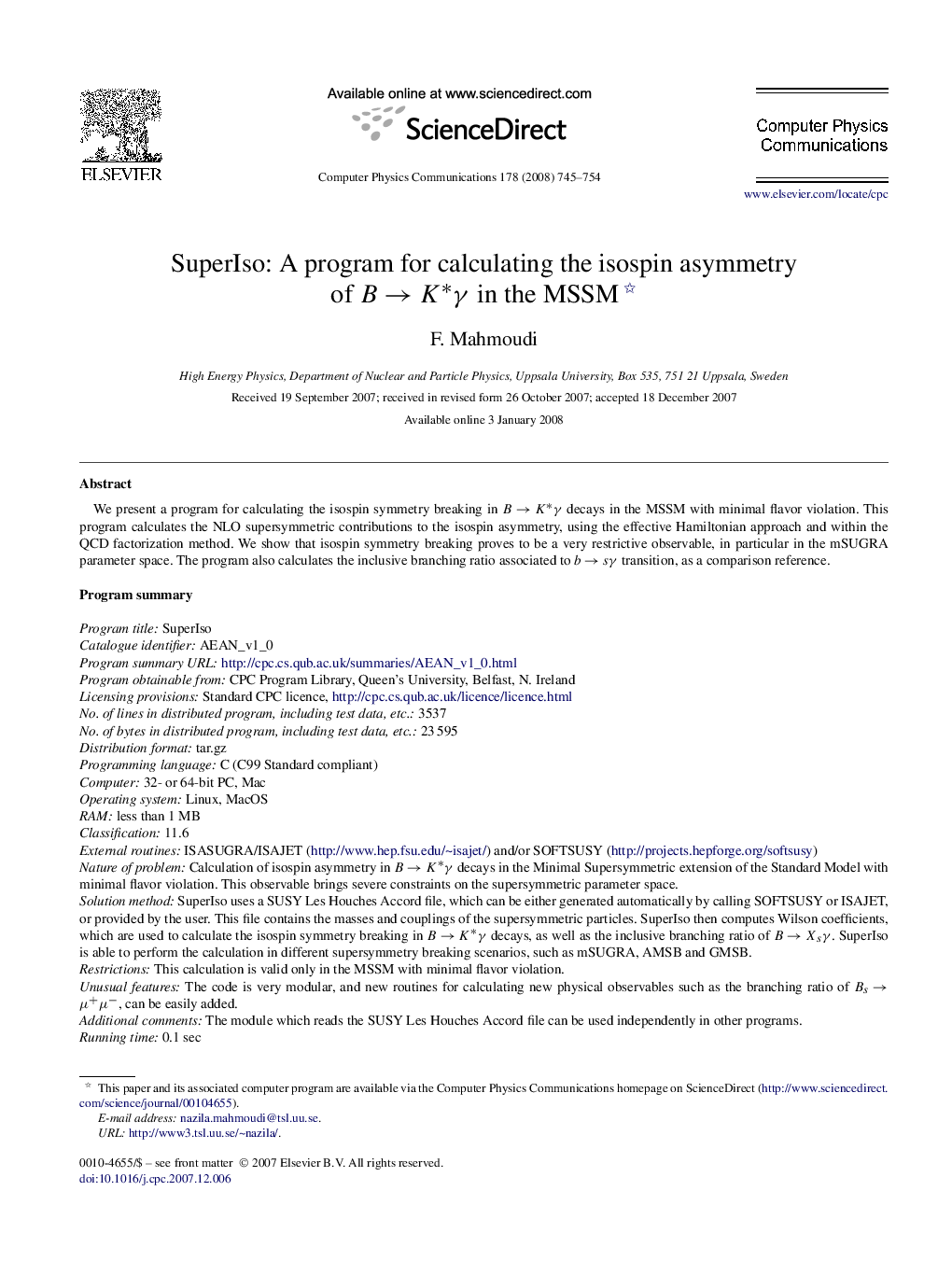 SuperIso: A program for calculating the isospin asymmetry of B→K∗γB→K∗γ in the MSSM 