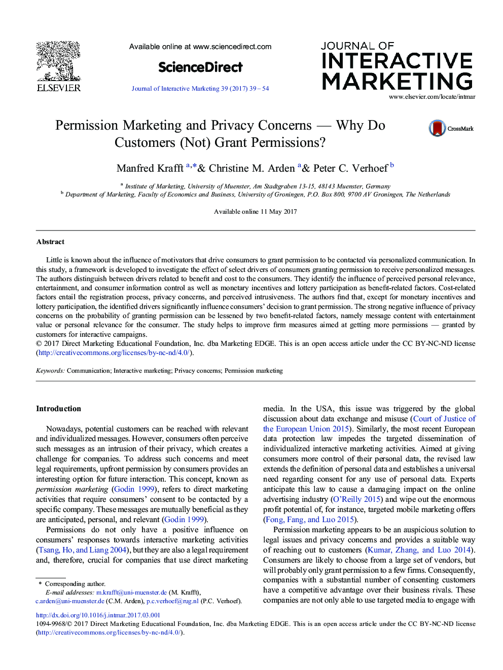 Permission Marketing and Privacy Concerns - Why Do Customers (Not) Grant Permissions?