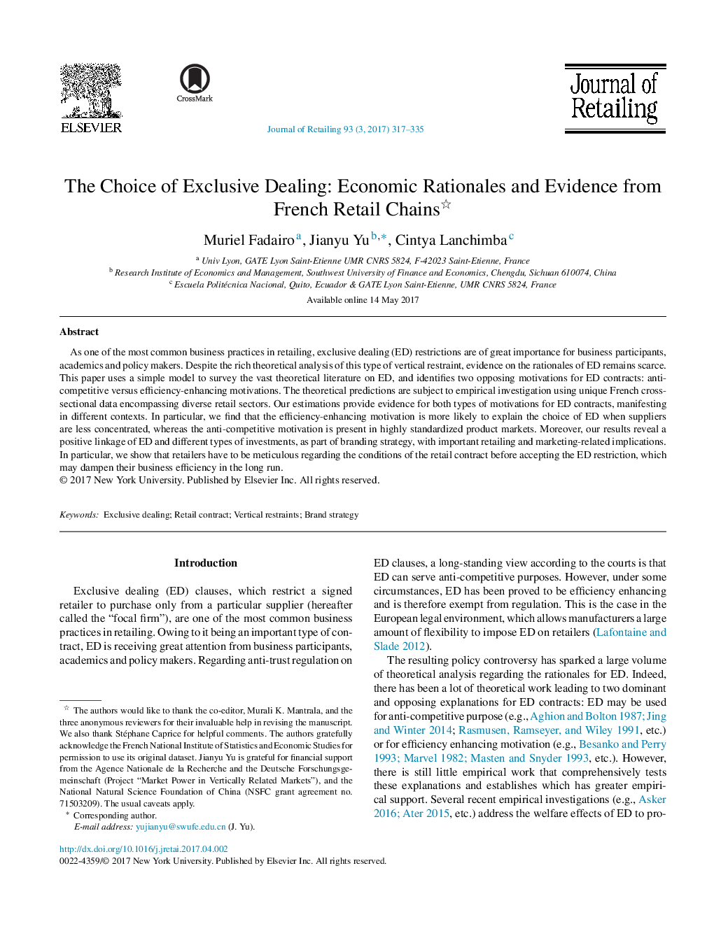 The Choice of Exclusive Dealing: Economic Rationales and Evidence from French Retail Chains