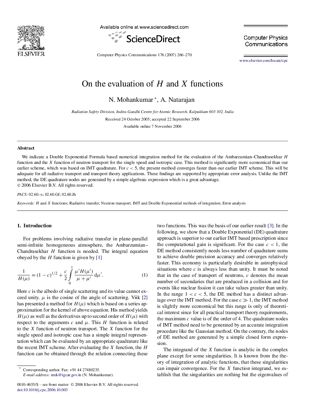 On the evaluation of H and X functions