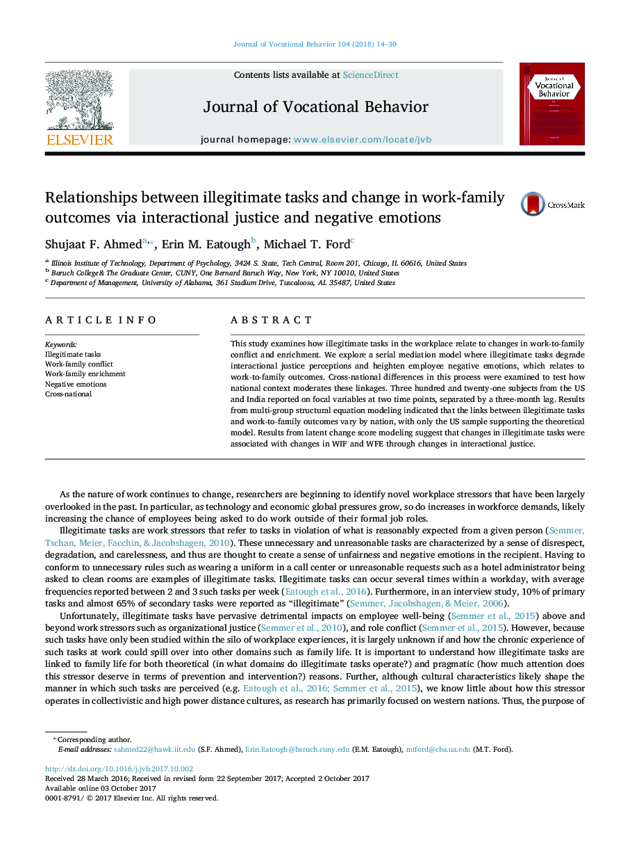 Relationships between illegitimate tasks and change in work-family outcomes via interactional justice and negative emotions