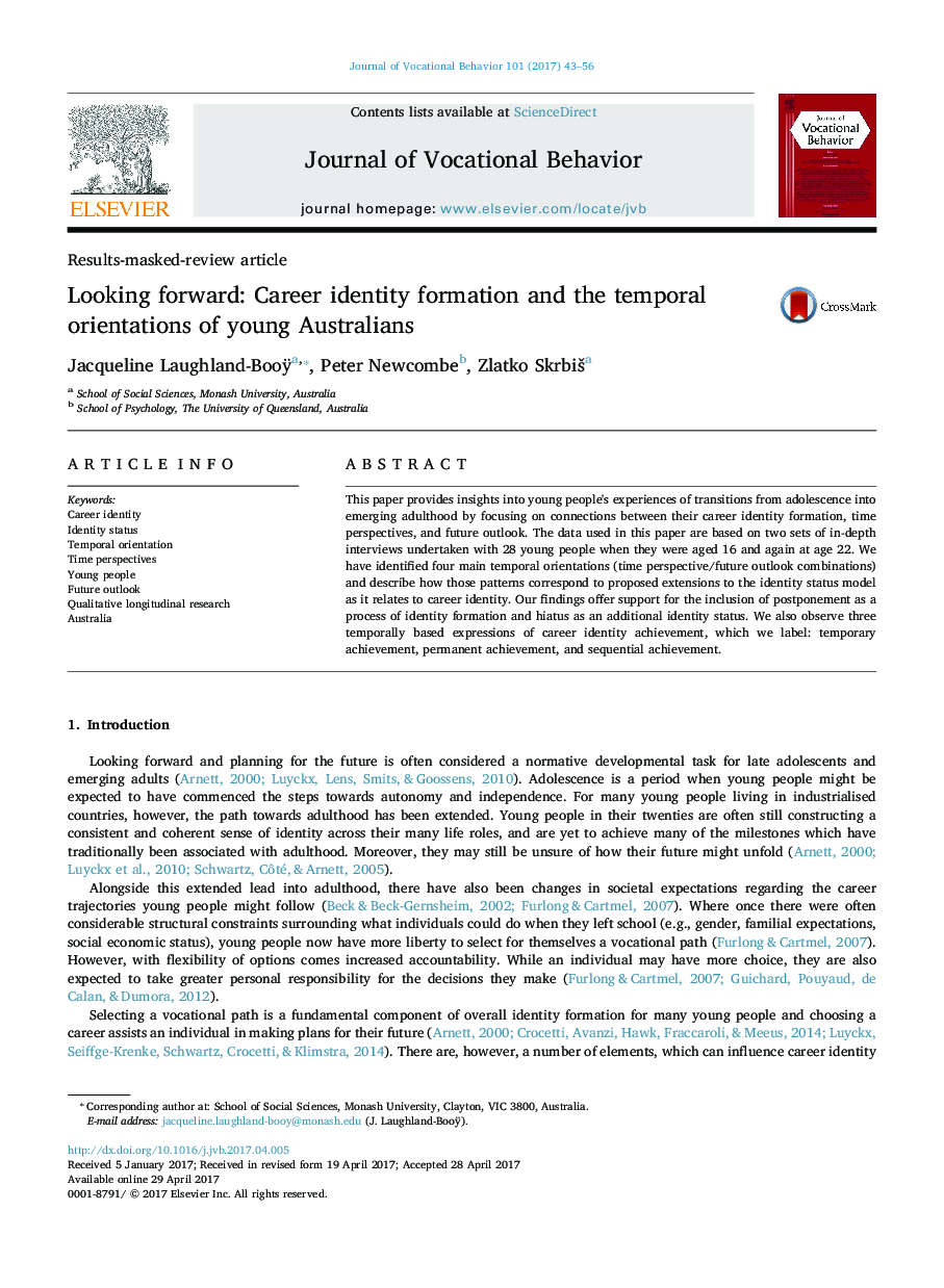 Looking forward: Career identity formation and the temporal orientations of young Australians