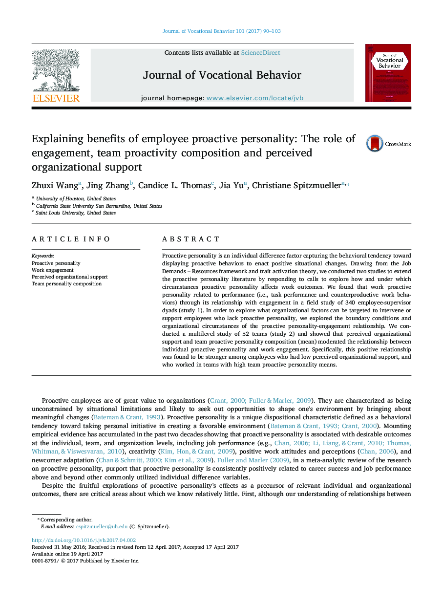 Explaining benefits of employee proactive personality: The role of engagement, team proactivity composition and perceived organizational support