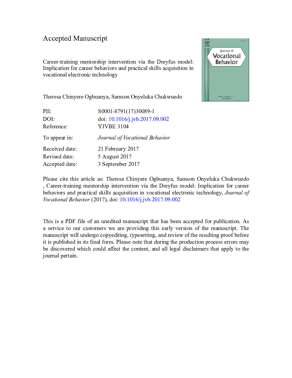 Career-training mentorship intervention via the Dreyfus model: Implication for career behaviors and practical skills acquisition in vocational electronic technology