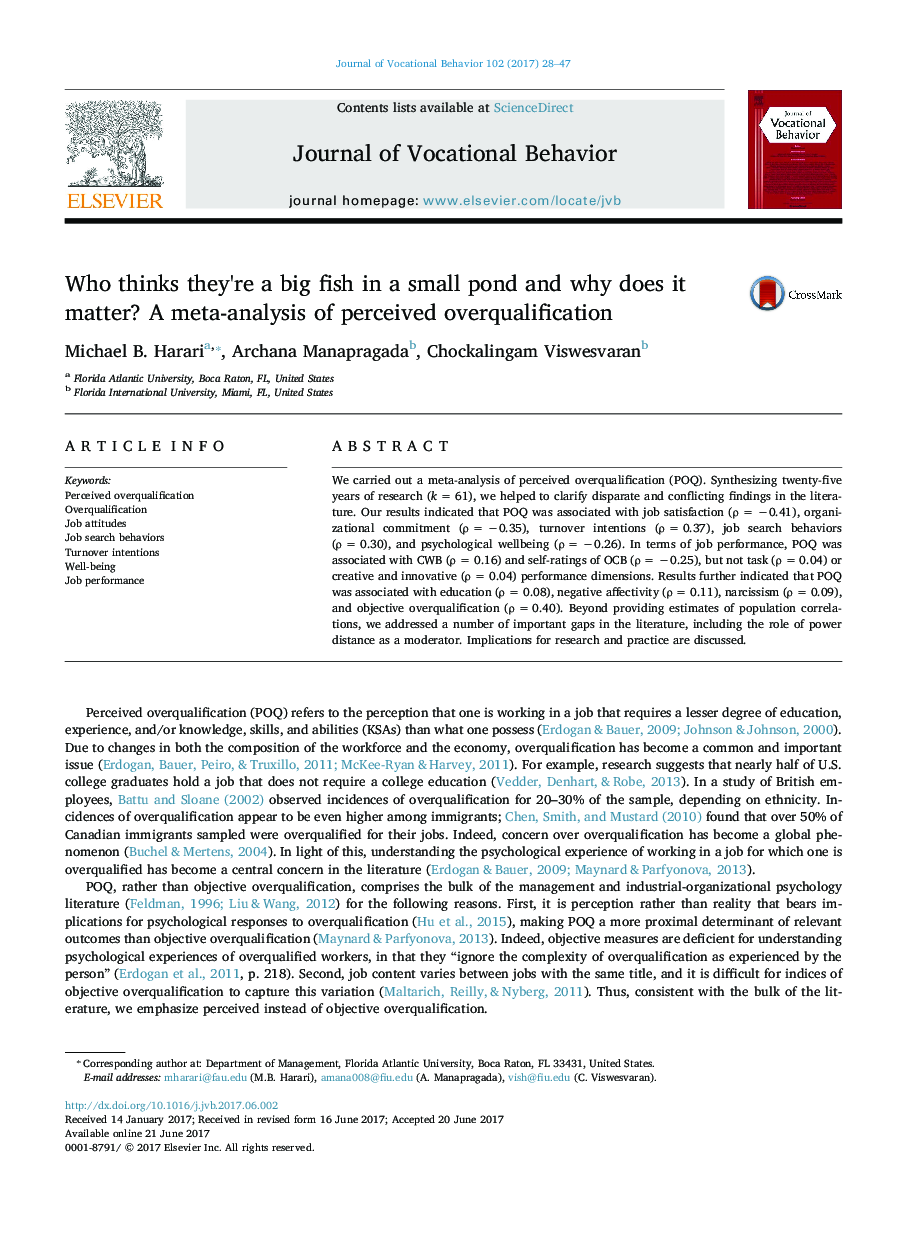 Who thinks they're a big fish in a small pond and why does it matter? A meta-analysis of perceived overqualification