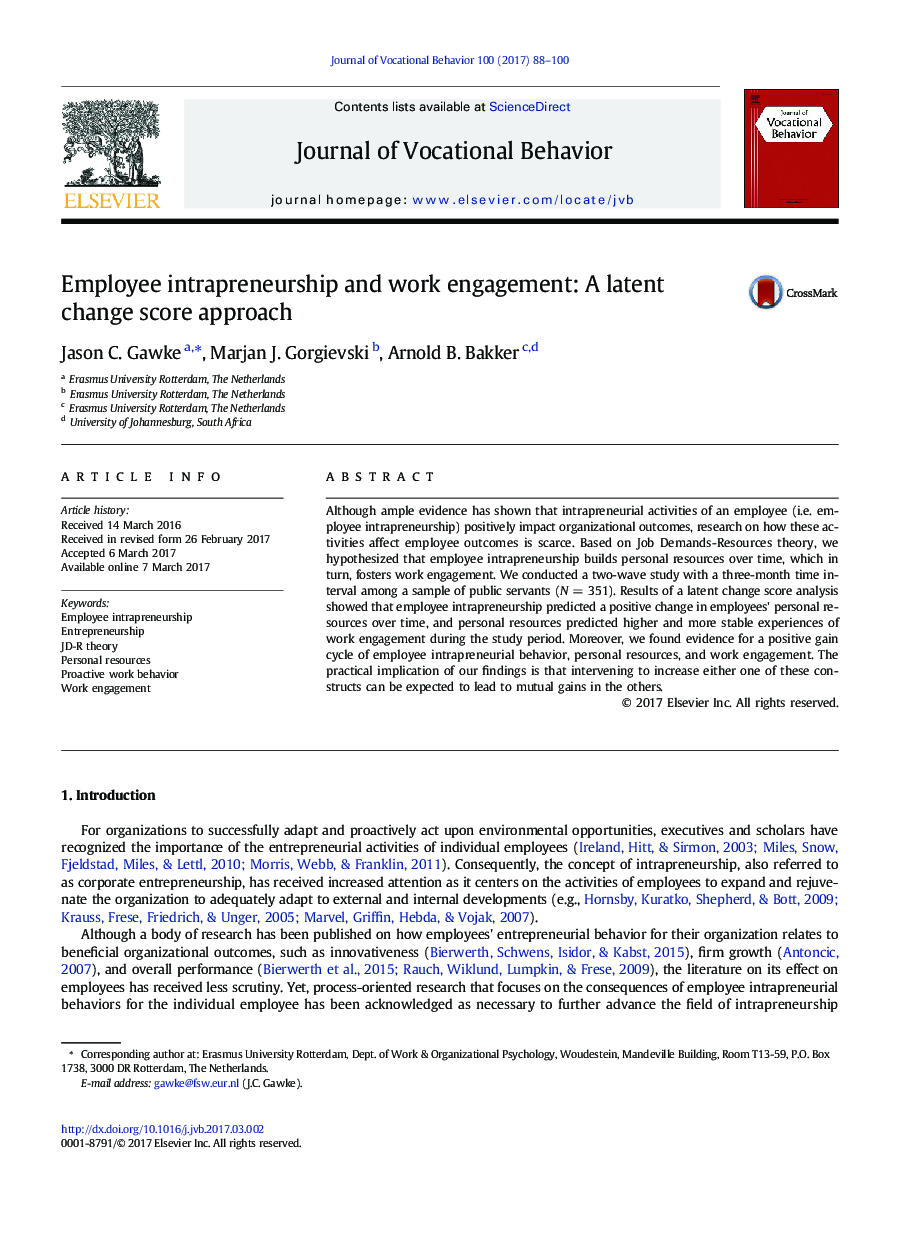 Employee intrapreneurship and work engagement: A latent change score approach