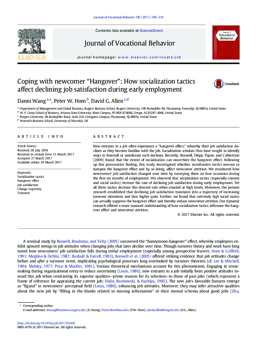 Coping with newcomer “Hangover”: How socialization tactics affect declining job satisfaction during early employment
