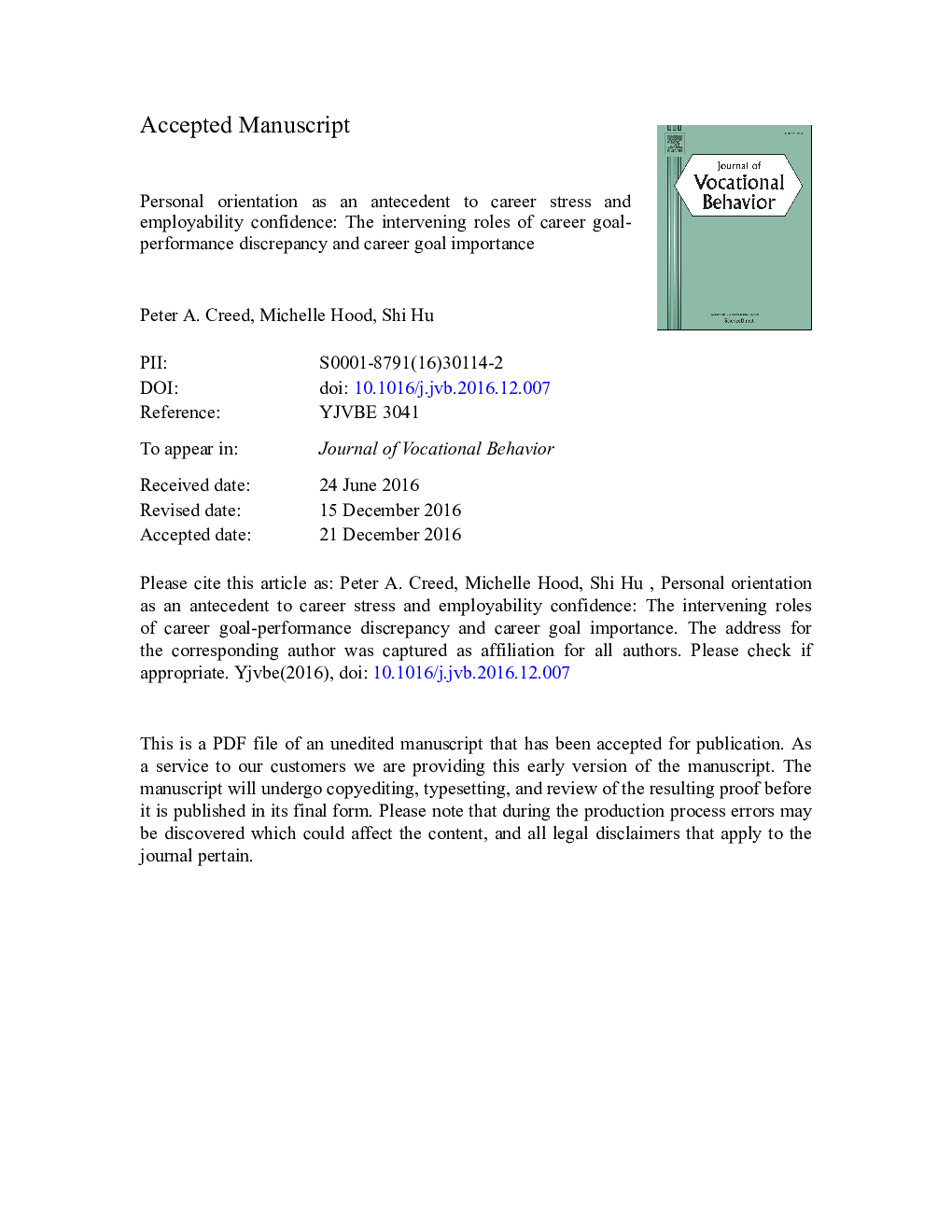 Personal orientation as an antecedent to career stress and employability confidence: The intervening roles of career goal-performance discrepancy and career goal importance