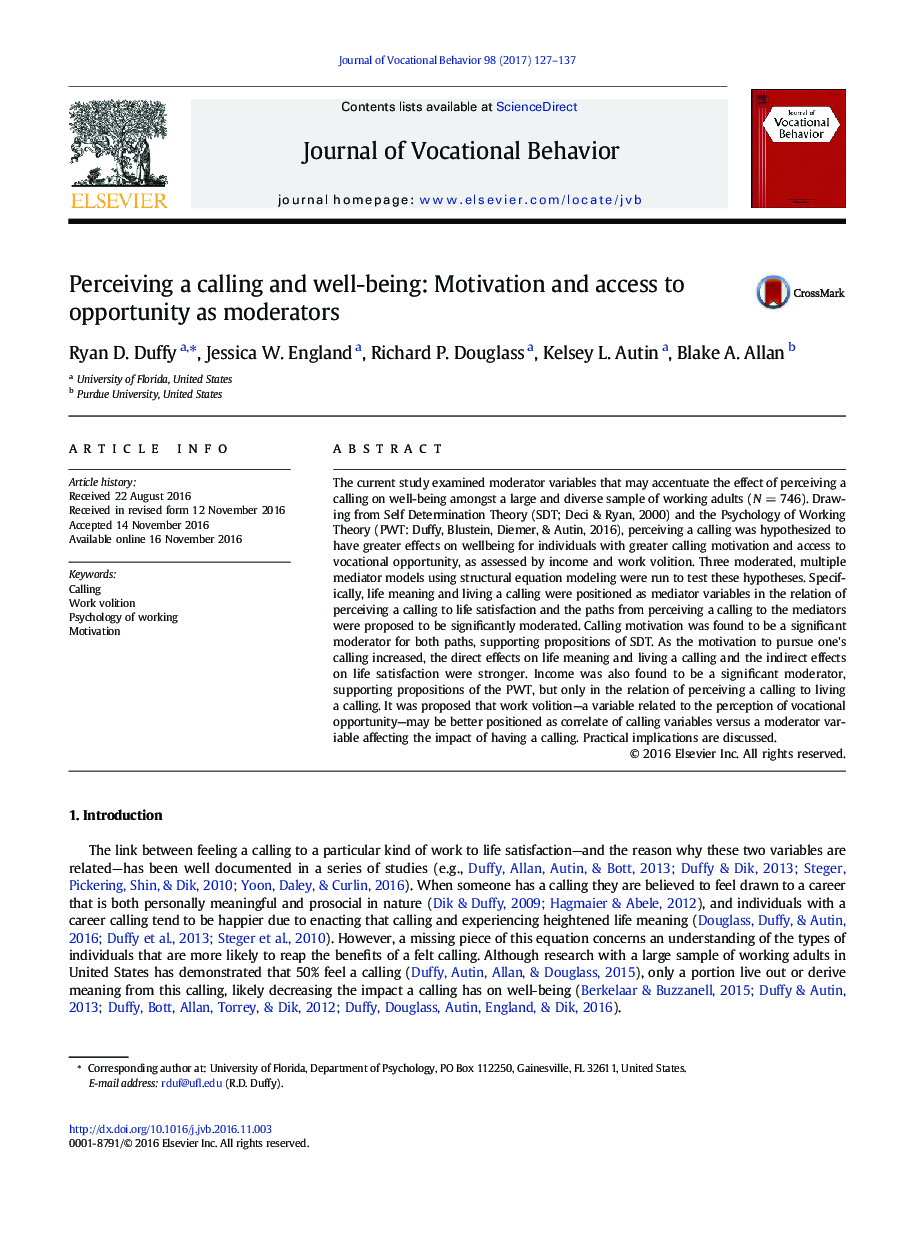 Perceiving a calling and well-being: Motivation and access to opportunity as moderators