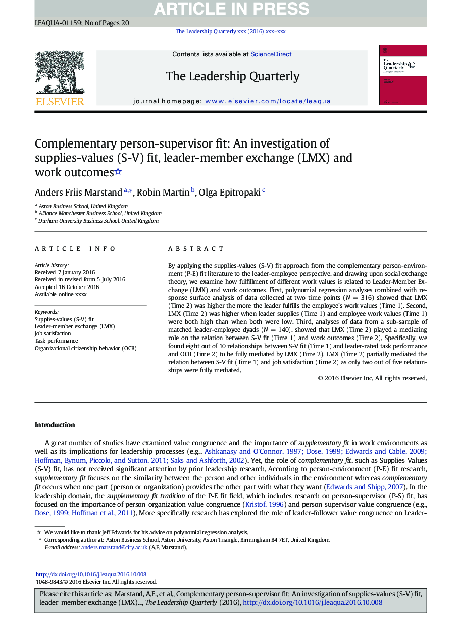 Complementary person-supervisor fit: An investigation of supplies-values (S-V) fit, leader-member exchange (LMX) and work outcomes