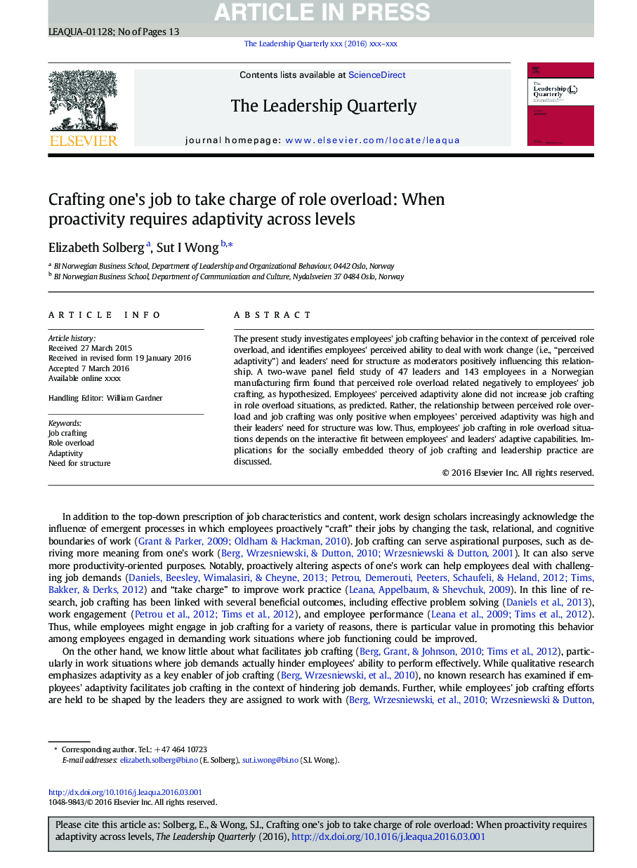 Crafting one's job to take charge of role overload: When proactivity requires adaptivity across levels