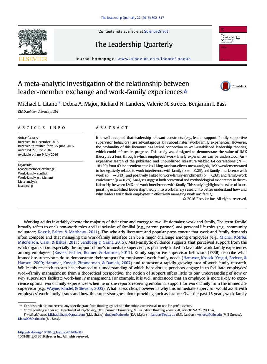 یک بررسی متاآنالیز از رابطه بین مبادله رهبر عضو و تجربیات خانواده و خانواده 