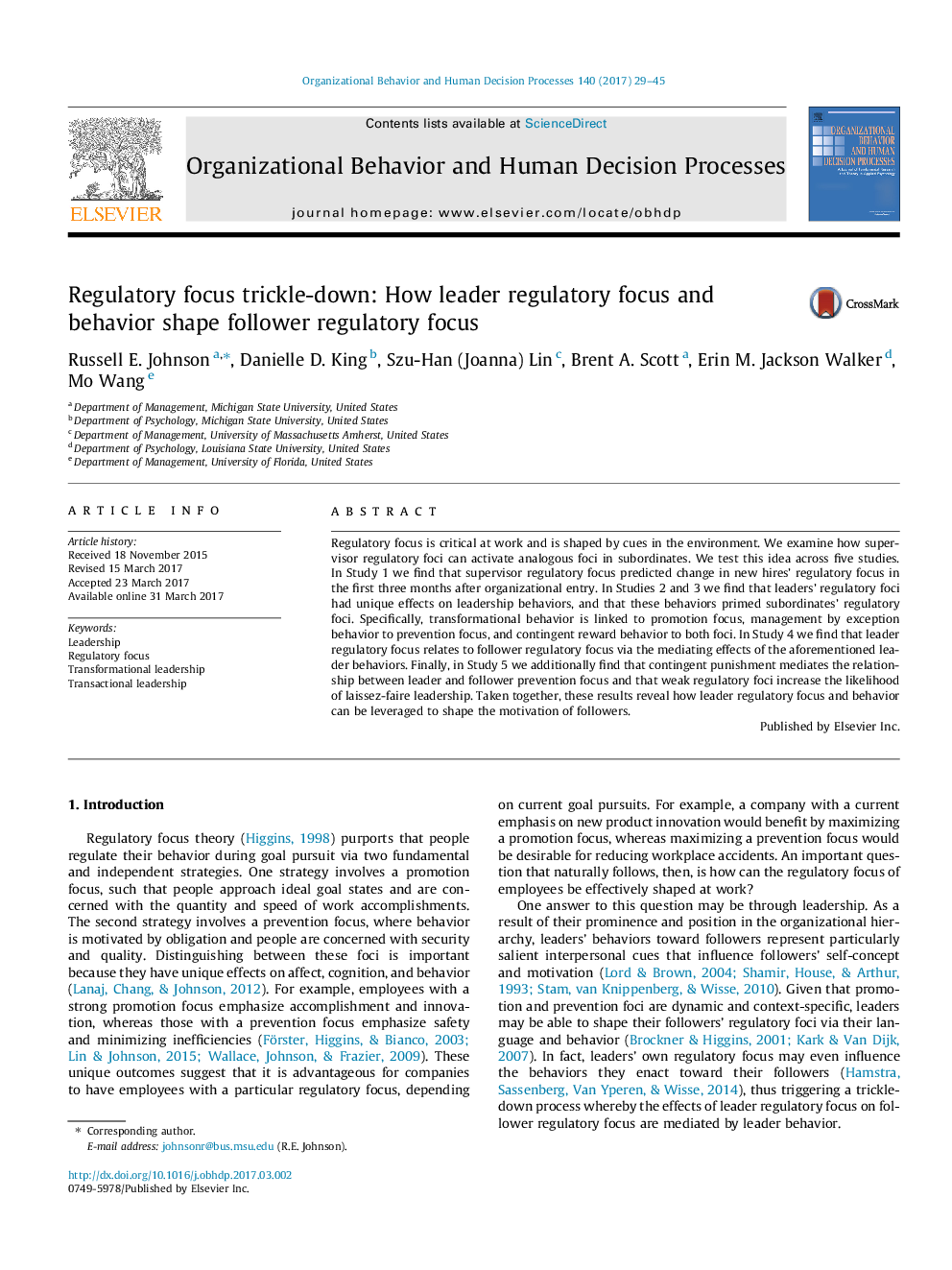 Regulatory focus trickle-down: How leader regulatory focus and behavior shape follower regulatory focus