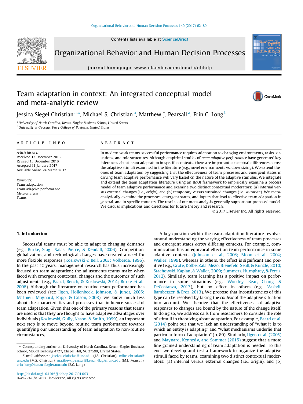 Team adaptation in context: An integrated conceptual model and meta-analytic review