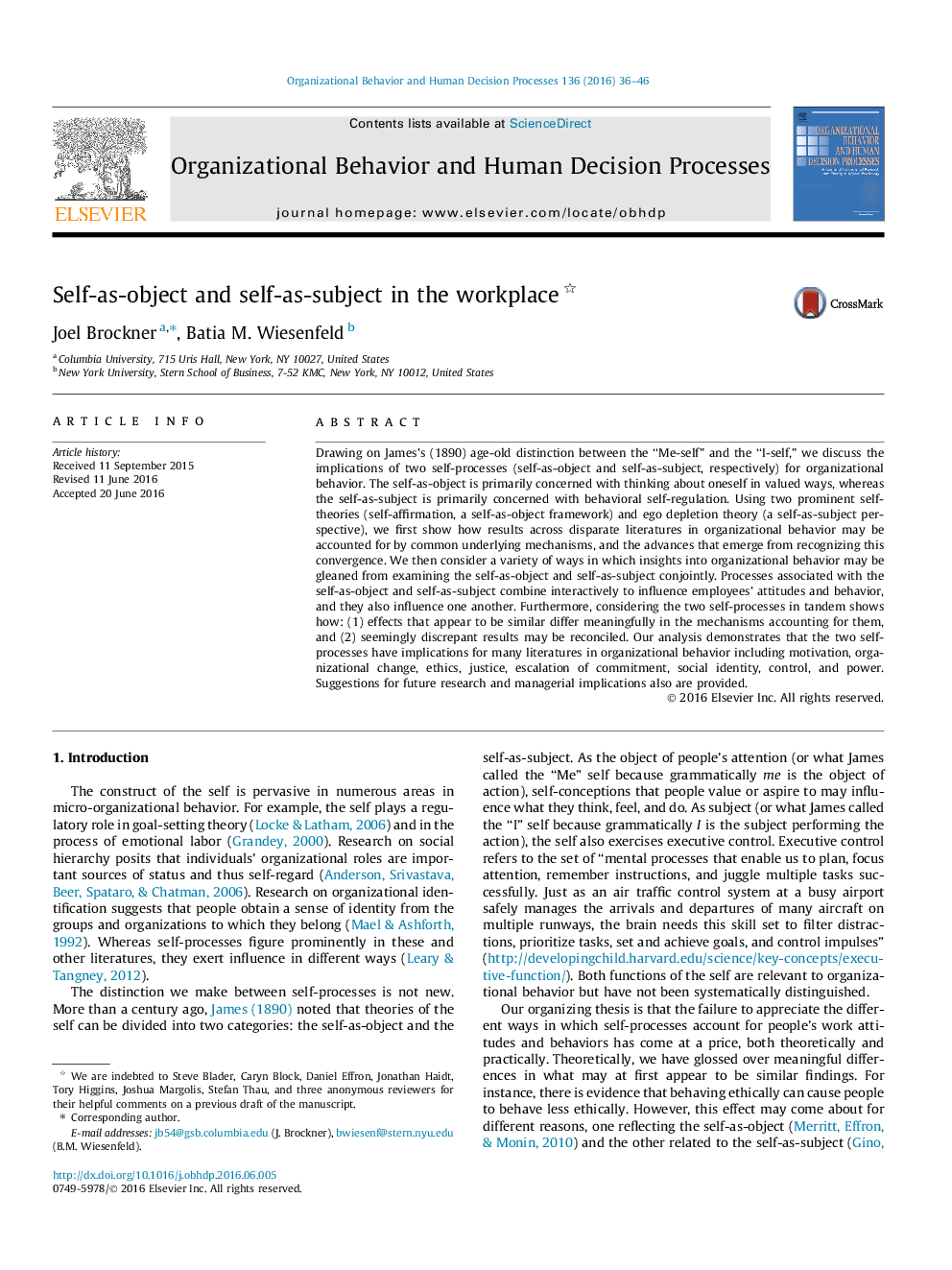 Self-as-object and self-as-subject in the workplace