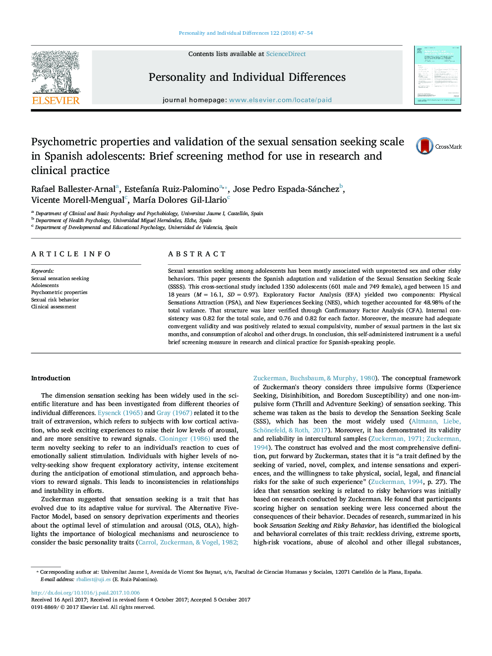 Psychometric properties and validation of the sexual sensation seeking scale in Spanish adolescents: Brief screening method for use in research and clinical practice