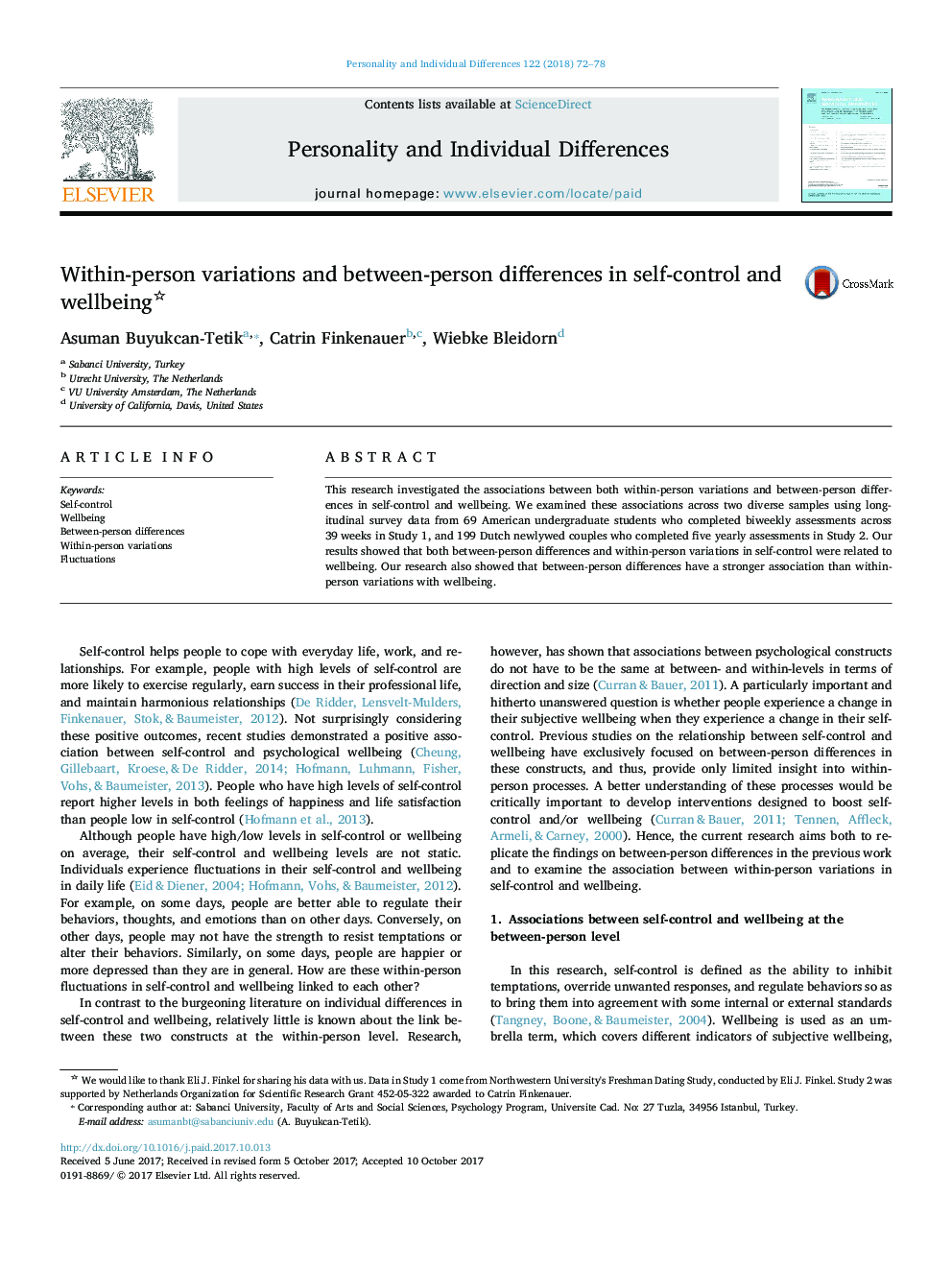 Within-person variations and between-person differences in self-control and wellbeing