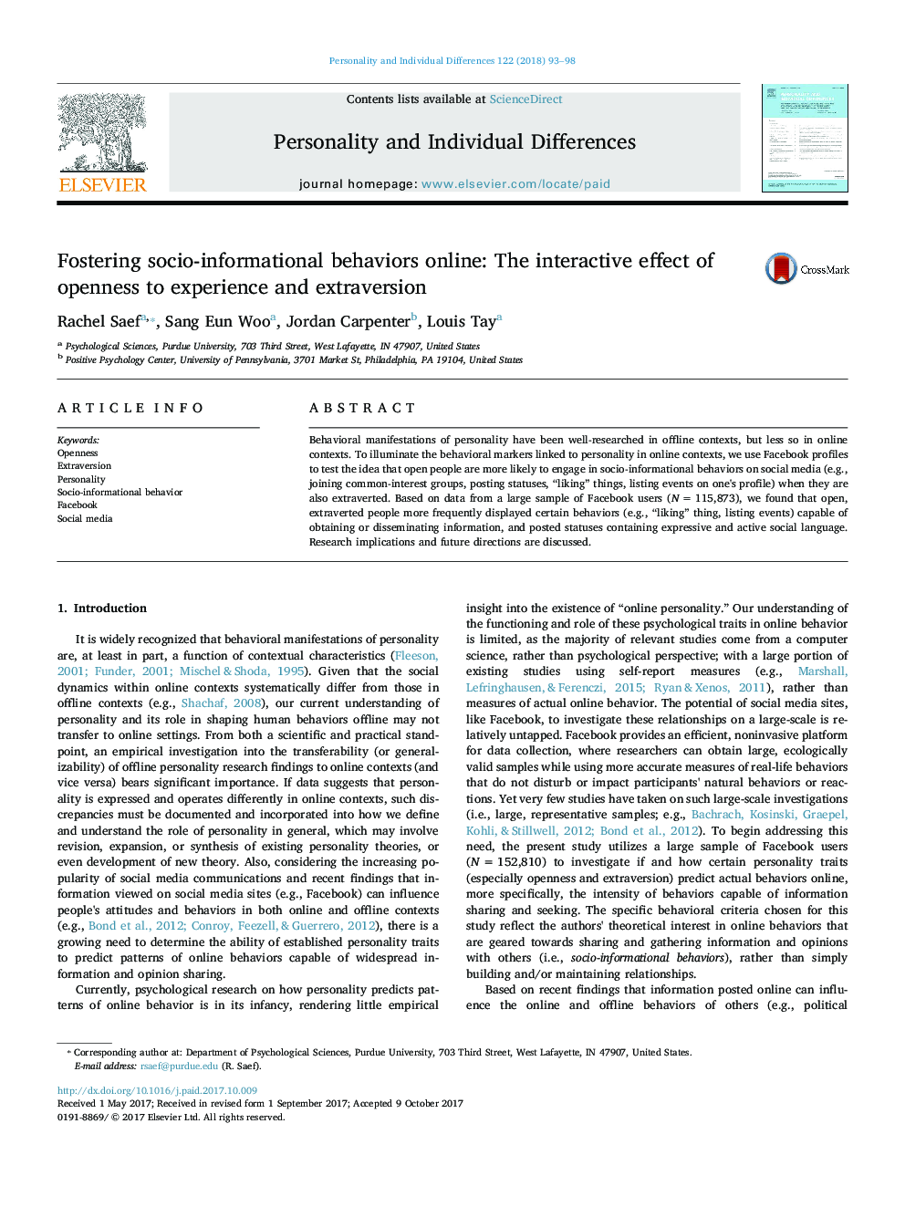 Fostering socio-informational behaviors online: The interactive effect of openness to experience and extraversion