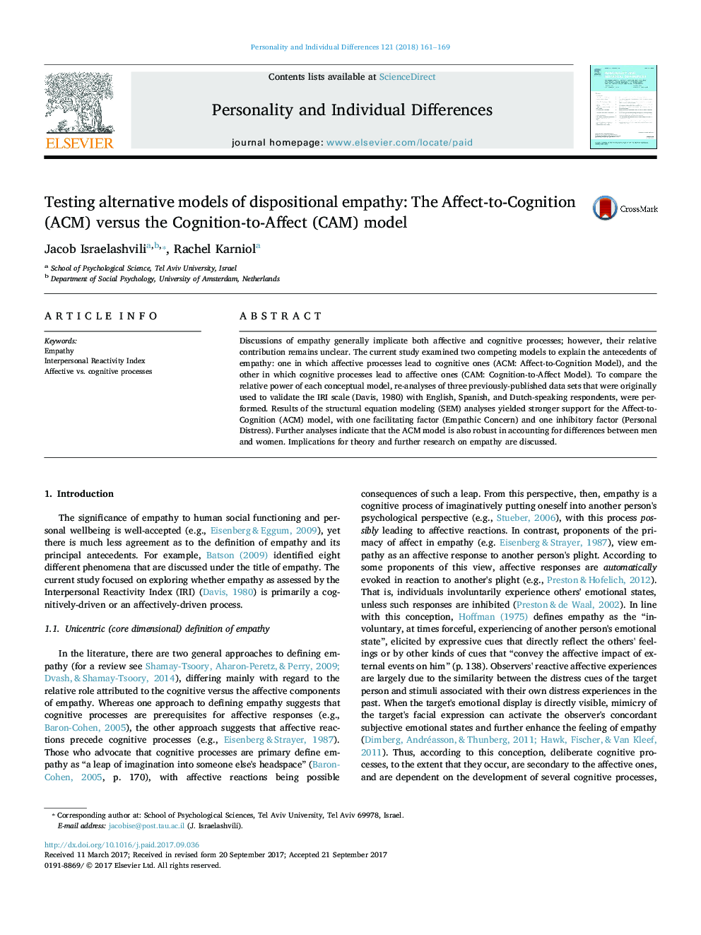 Testing alternative models of dispositional empathy: The Affect-to-Cognition (ACM) versus the Cognition-to-Affect (CAM) model