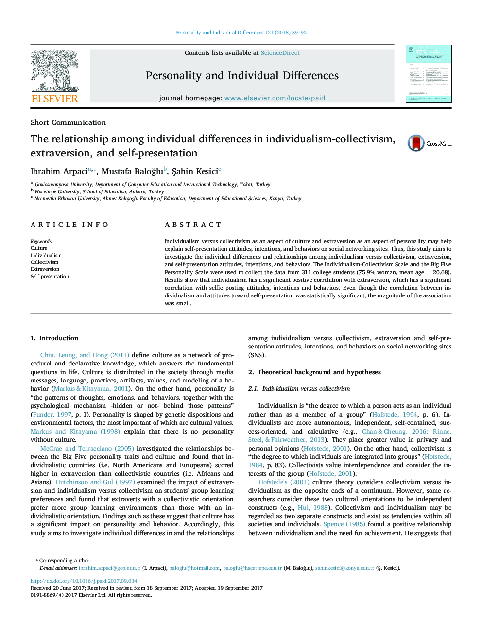 The relationship among individual differences in individualism-collectivism, extraversion, and self-presentation