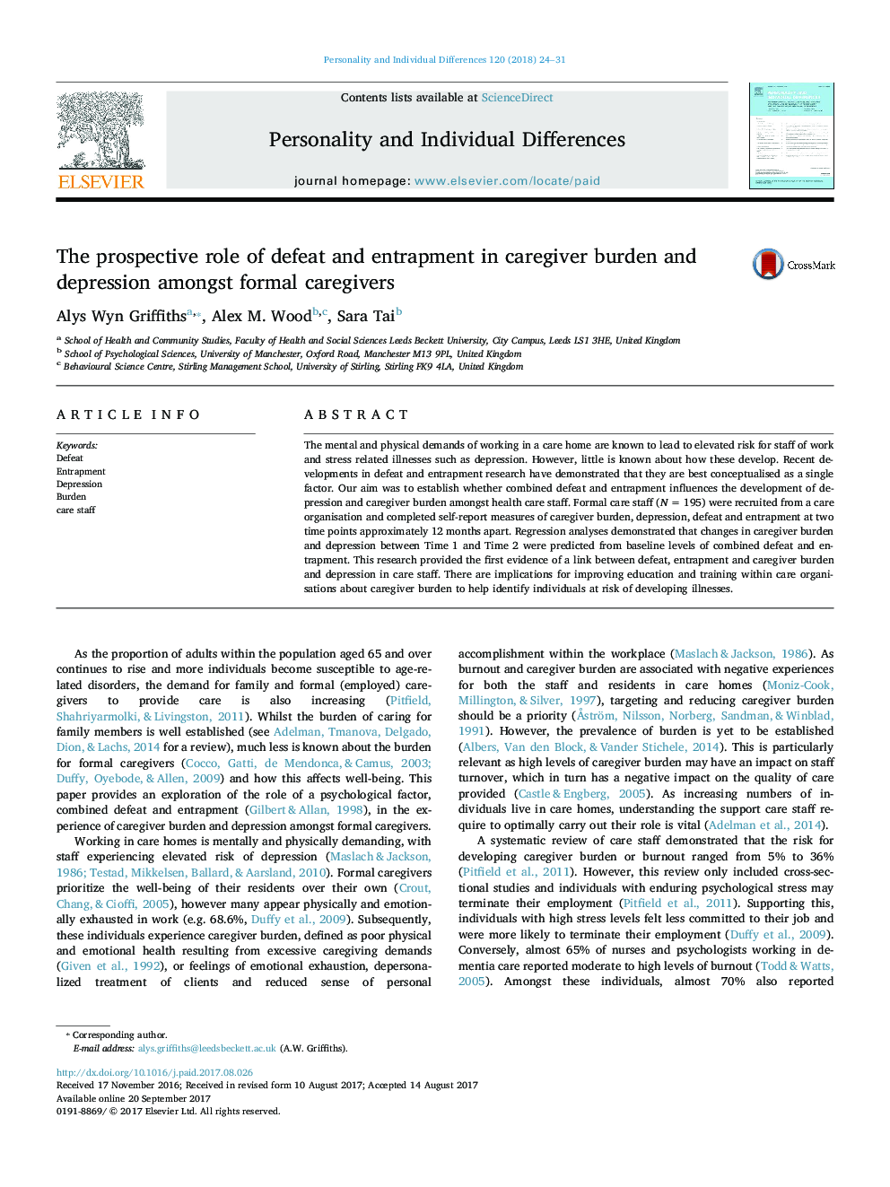 The prospective role of defeat and entrapment in caregiver burden and depression amongst formal caregivers