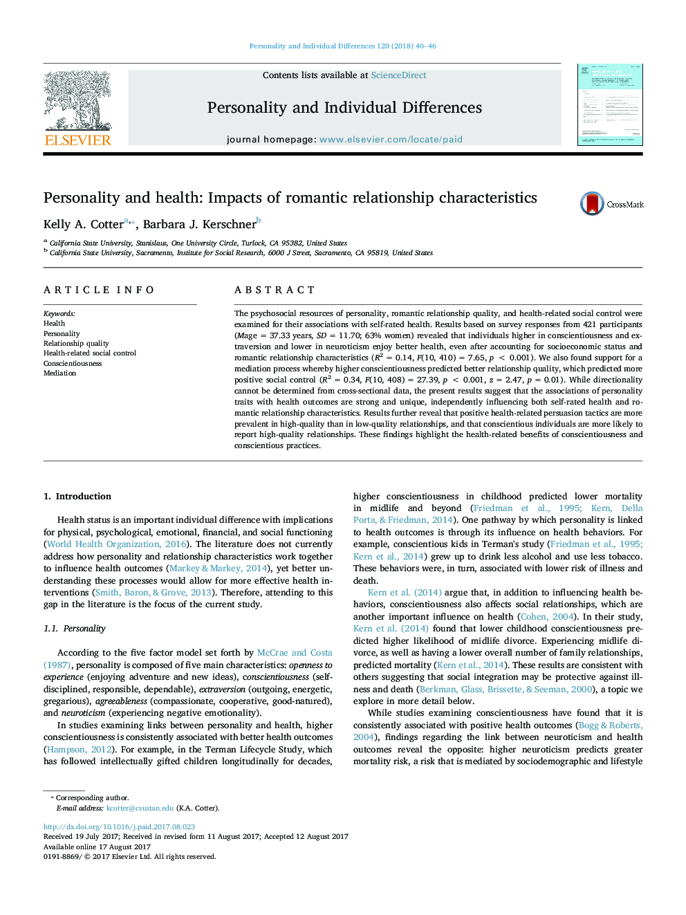 Personality and health: Impacts of romantic relationship characteristics