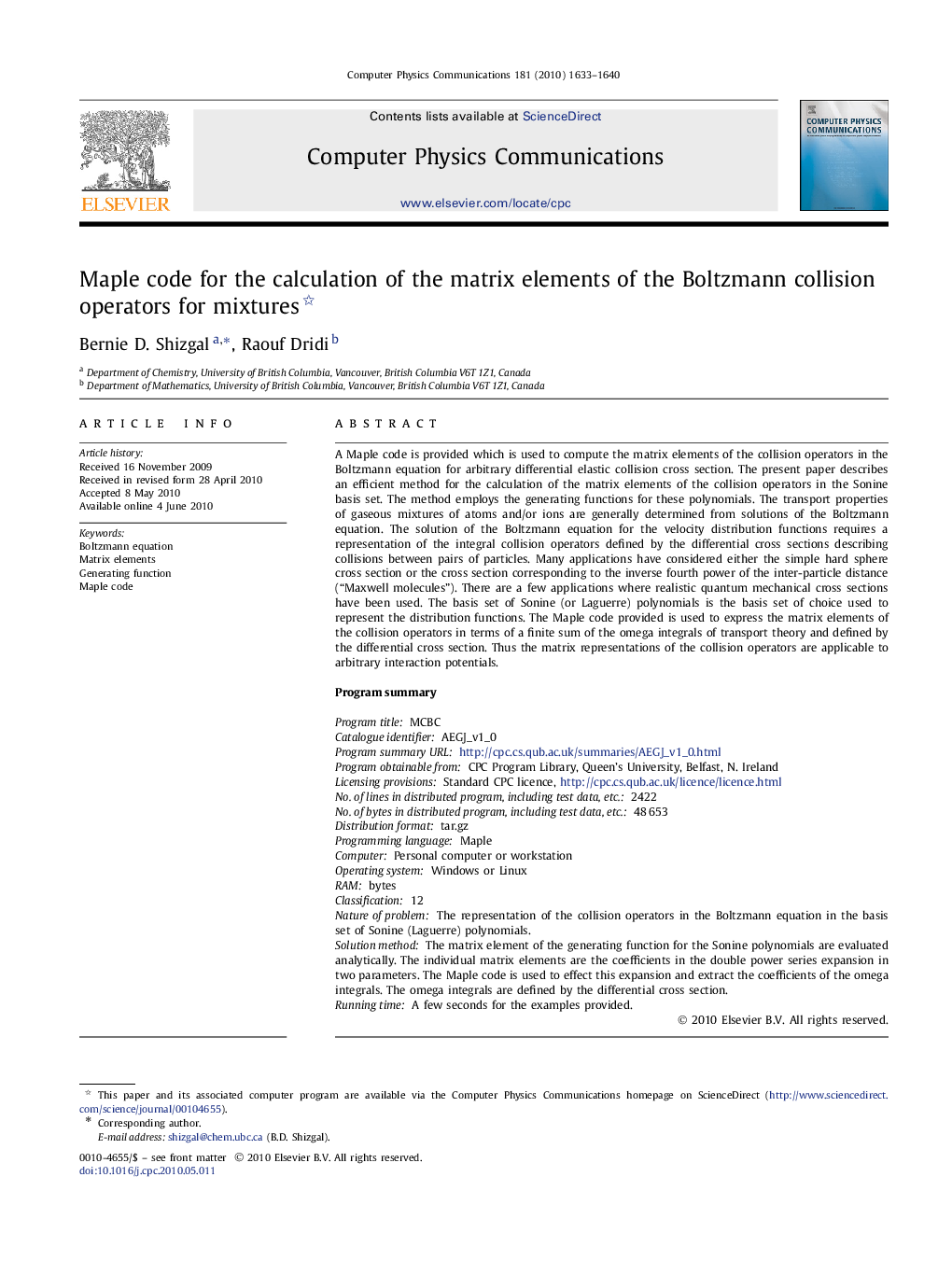 Maple code for the calculation of the matrix elements of the Boltzmann collision operators for mixtures 