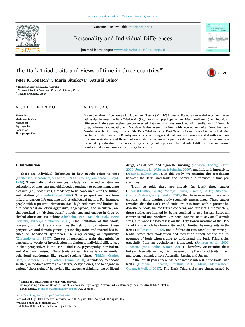 The Dark Triad traits and views of time in three countries