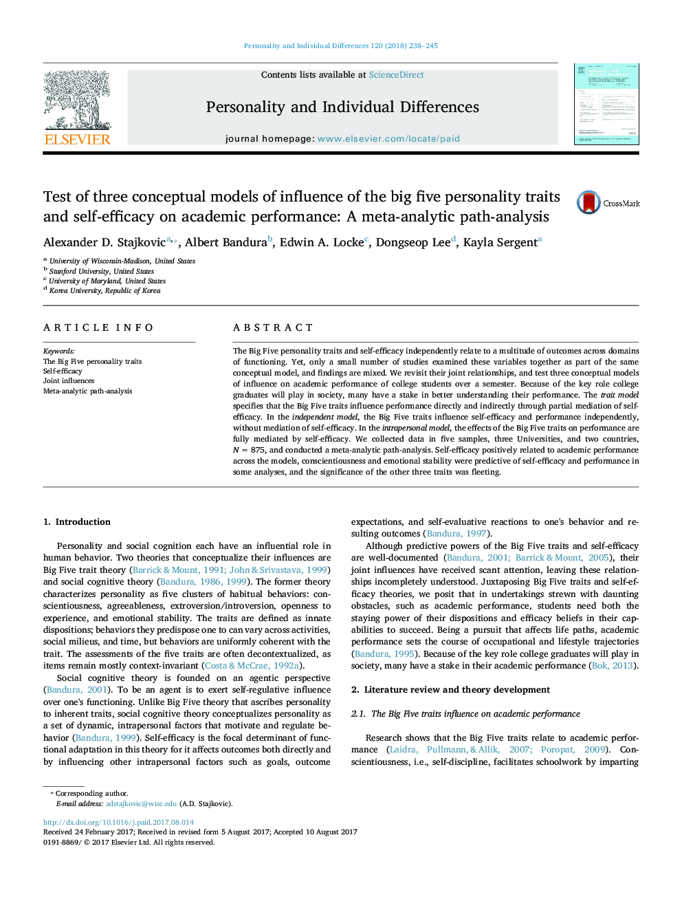 Test of three conceptual models of influence of the big five personality traits and self-efficacy on academic performance: A meta-analytic path-analysis