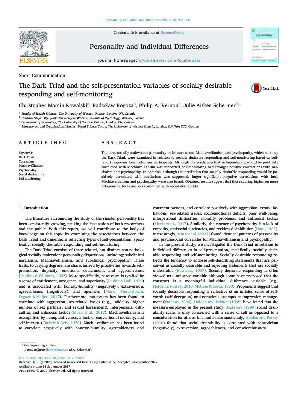 The Dark Triad and the self-presentation variables of socially desirable responding and self-monitoring