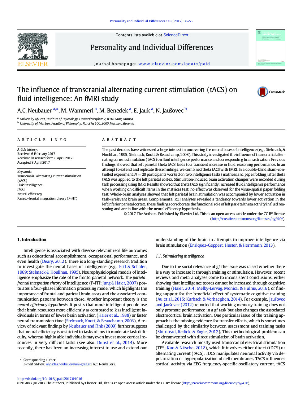 The influence of transcranial alternating current stimulation (tACS) on fluid intelligence: An fMRI study