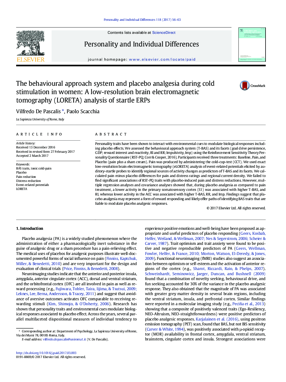 The behavioural approach system and placebo analgesia during cold stimulation in women: A low-resolution brain electromagnetic tomography (LORETA) analysis of startle ERPs