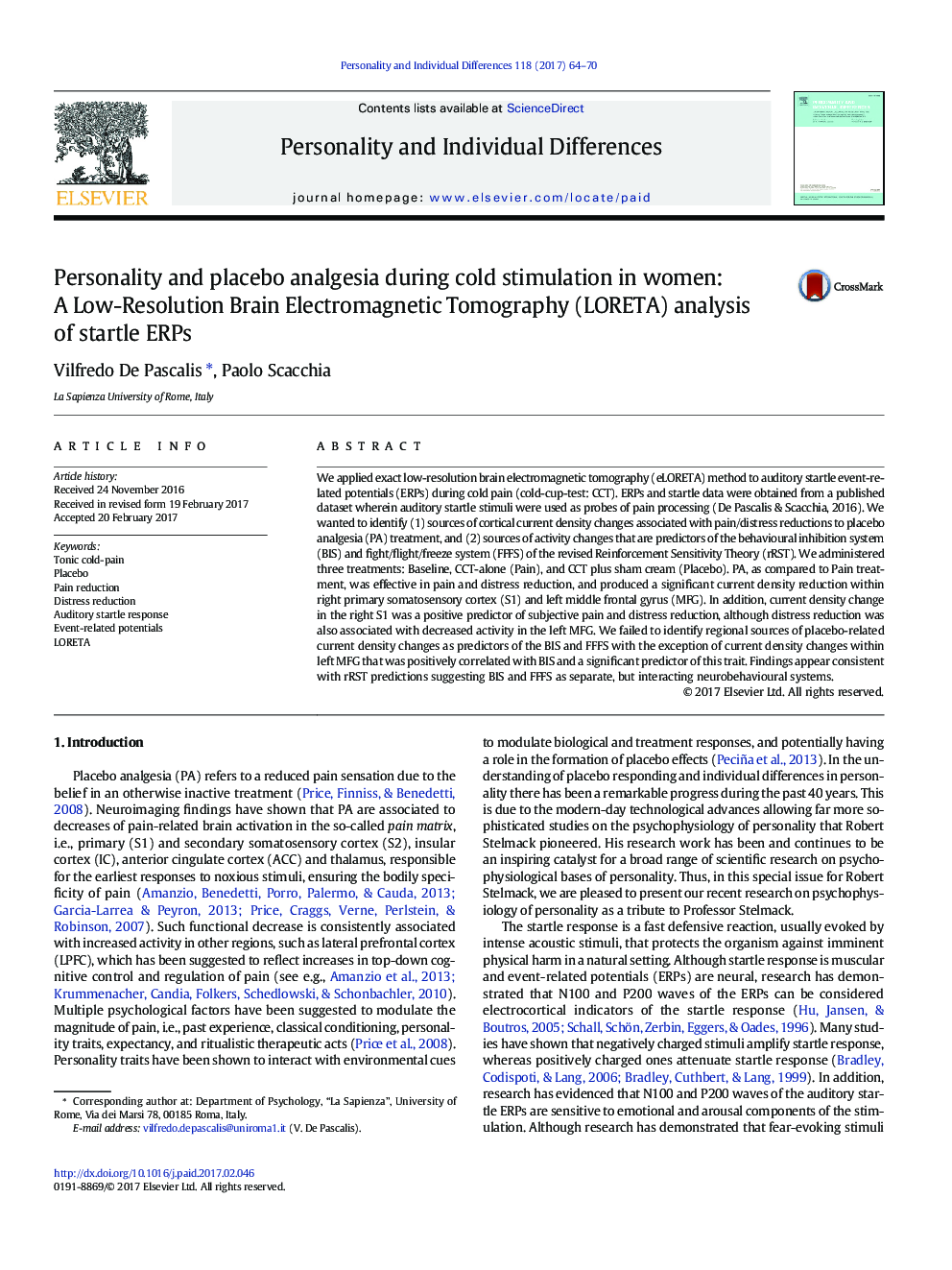 Personality and placebo analgesia during cold stimulation in women: A Low-Resolution Brain Electromagnetic Tomography (LORETA) analysis of startle ERPs