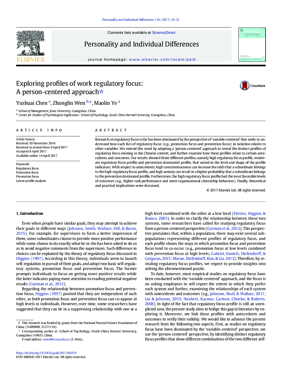 Exploring profiles of work regulatory focus: A person-centered approach