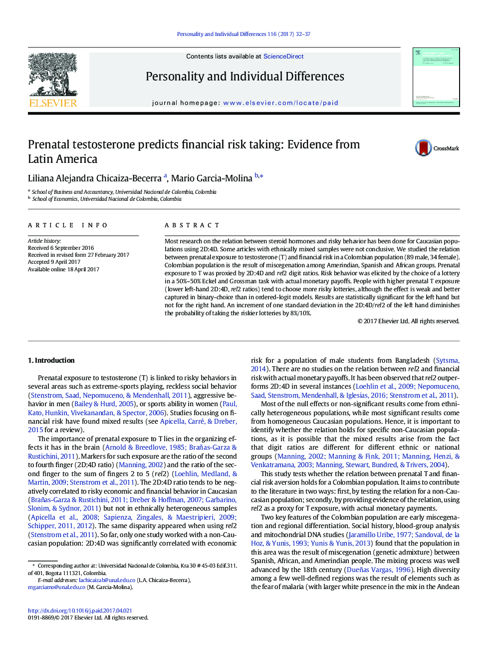 Prenatal testosterone predicts financial risk taking: Evidence from Latin America