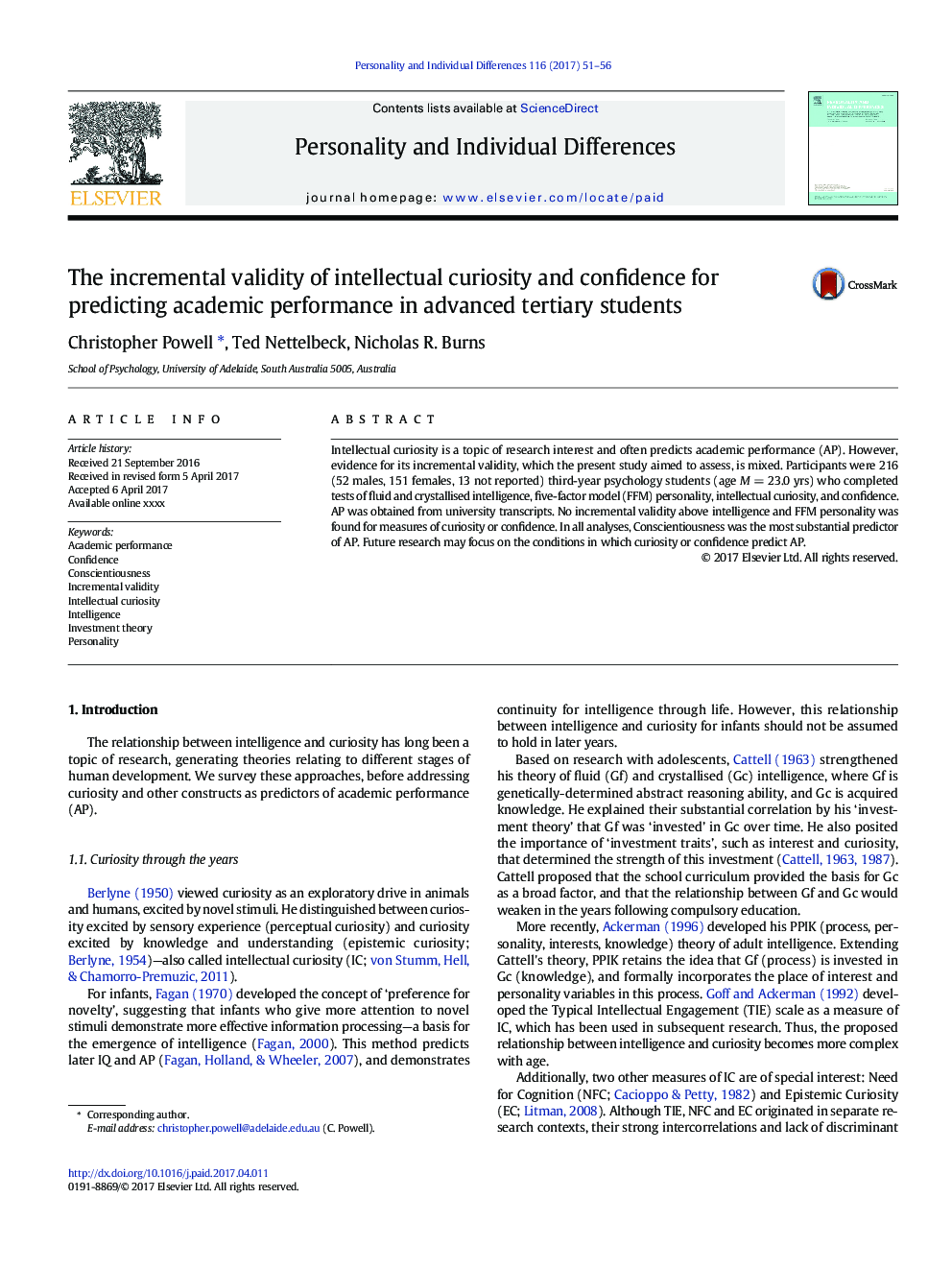 The incremental validity of intellectual curiosity and confidence for predicting academic performance in advanced tertiary students