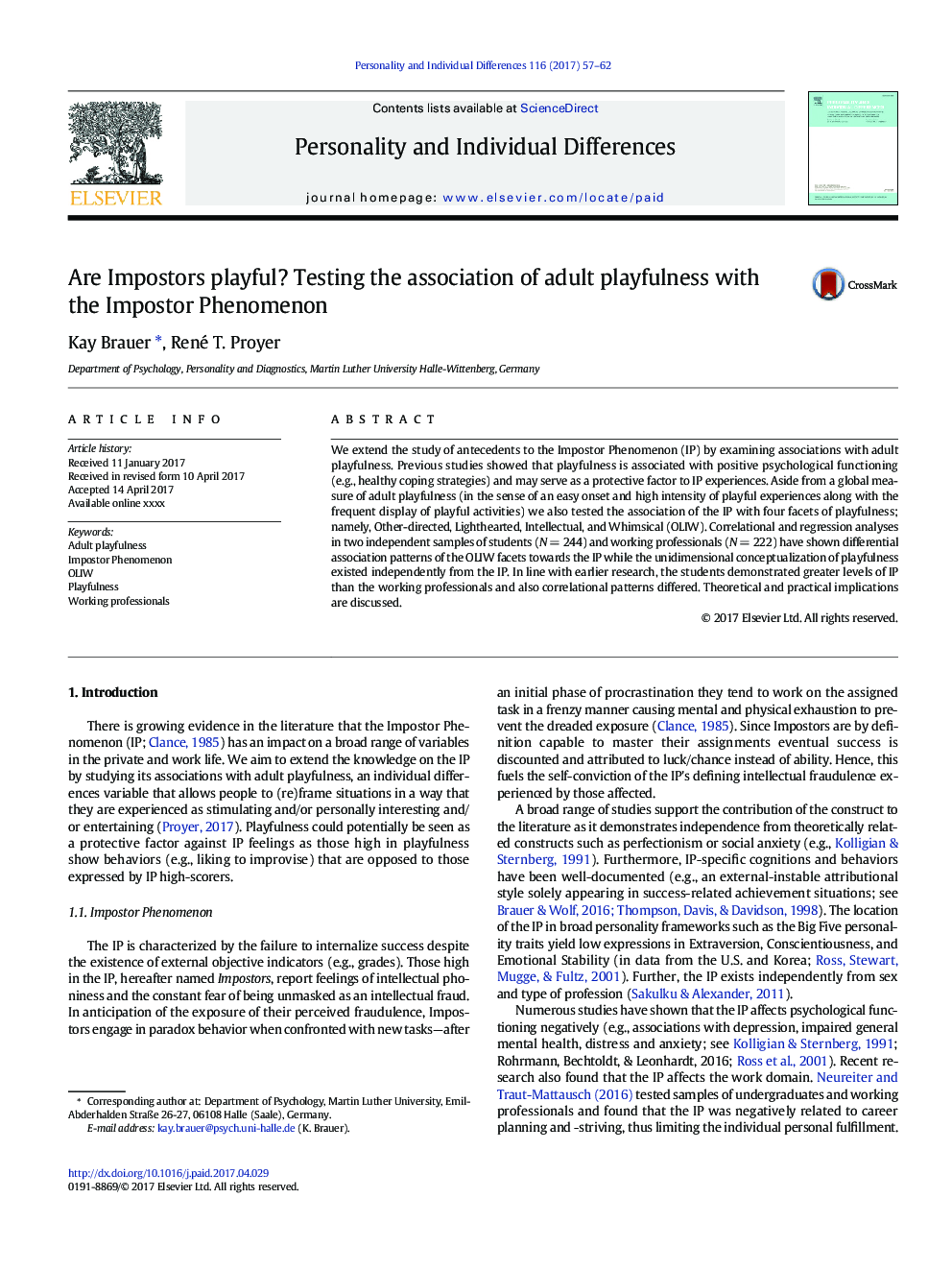 Are Impostors playful? Testing the association of adult playfulness with the Impostor Phenomenon