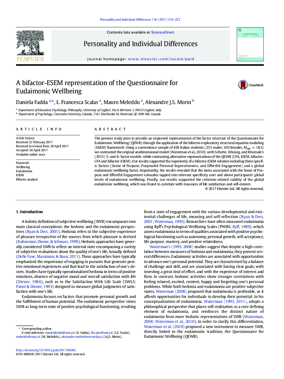 A bifactor-ESEM representation of the Questionnaire for Eudaimonic Wellbeing