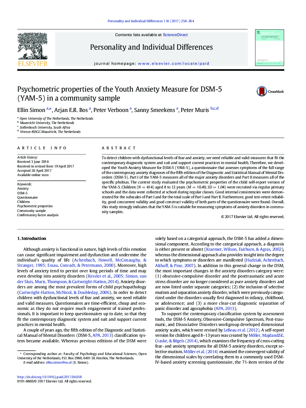 Psychometric properties of the Youth Anxiety Measure for DSM-5 (YAM-5) in a community sample