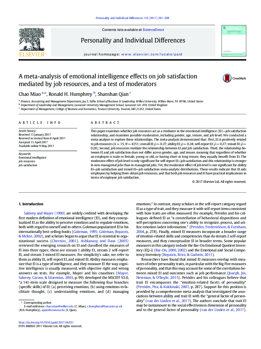 A meta-analysis of emotional intelligence effects on job satisfaction mediated by job resources, and a test of moderators