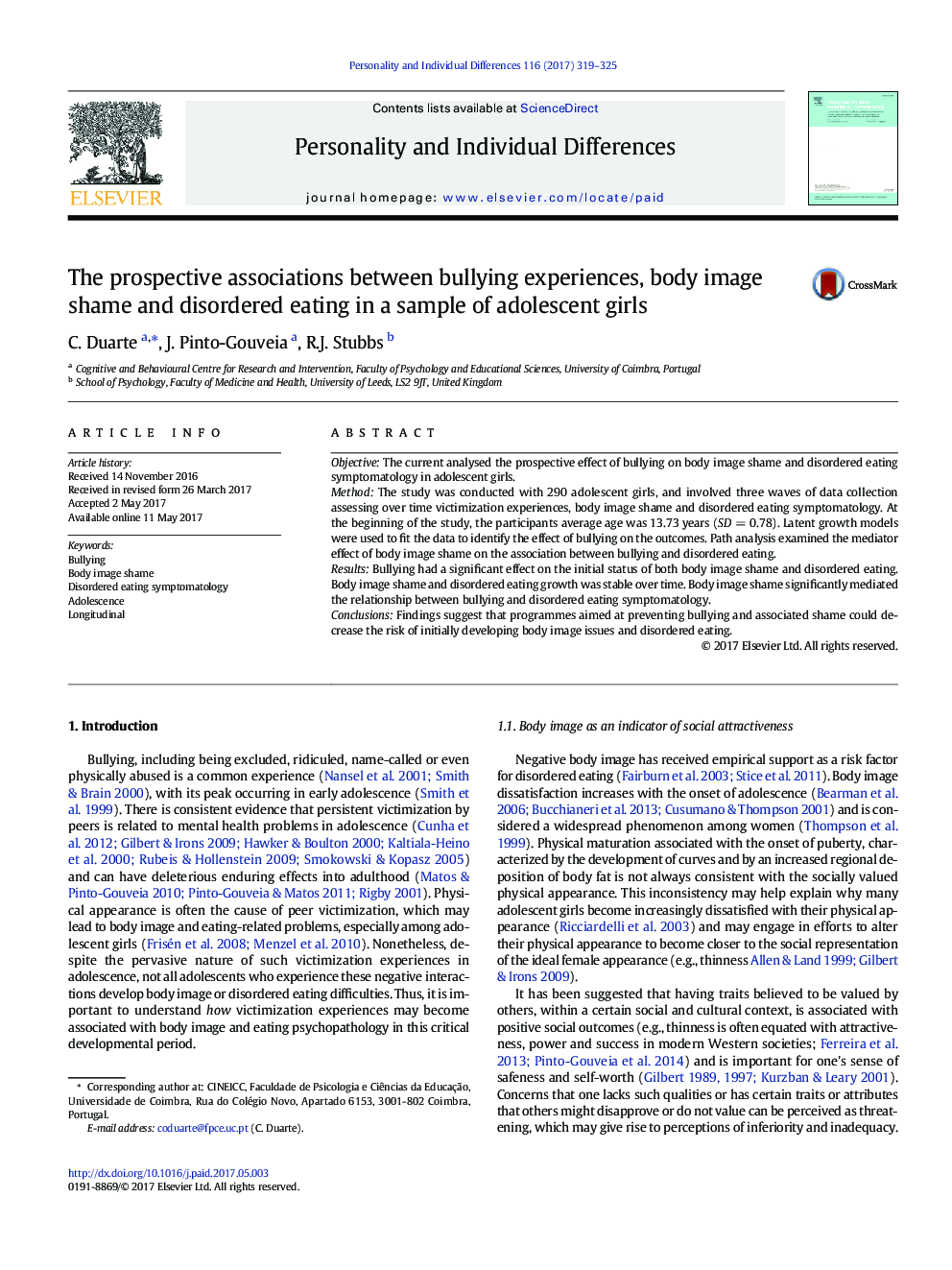 The prospective associations between bullying experiences, body image shame and disordered eating in a sample of adolescent girls