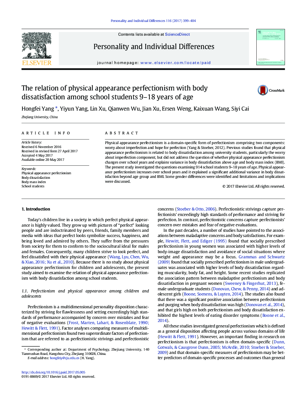 The relation of physical appearance perfectionism with body dissatisfaction among school students 9-18Â years of age