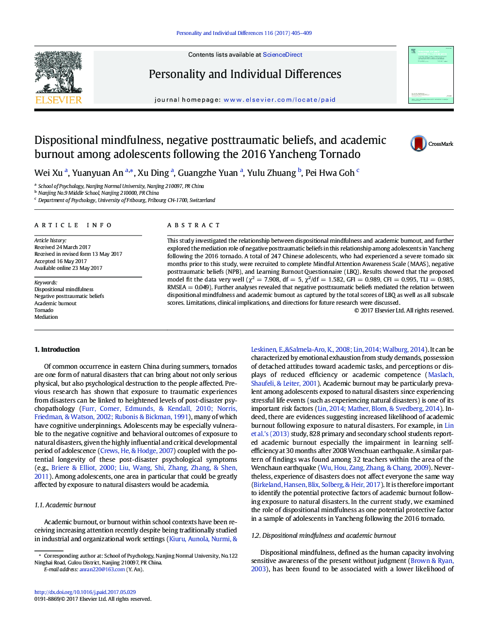 Dispositional mindfulness, negative posttraumatic beliefs, and academic burnout among adolescents following the 2016 Yancheng Tornado