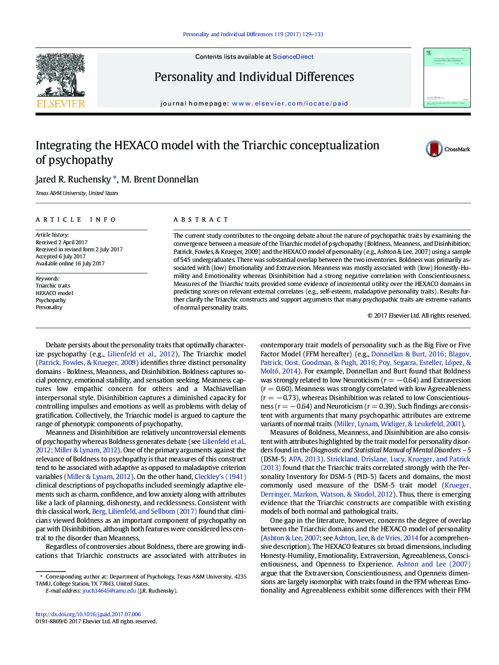 عکس صفحه اول مقاله: Integrating the HEXACO model with the Triarchic conceptualization of psychopathy Integrating the HEXACO model with the Triarchic conceptualization of psychopathy