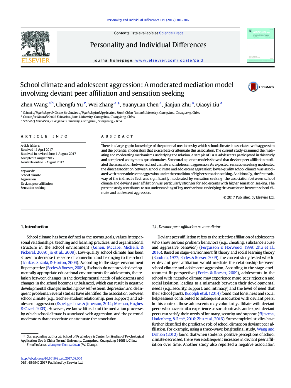 School climate and adolescent aggression: A moderated mediation model involving deviant peer affiliation and sensation seeking