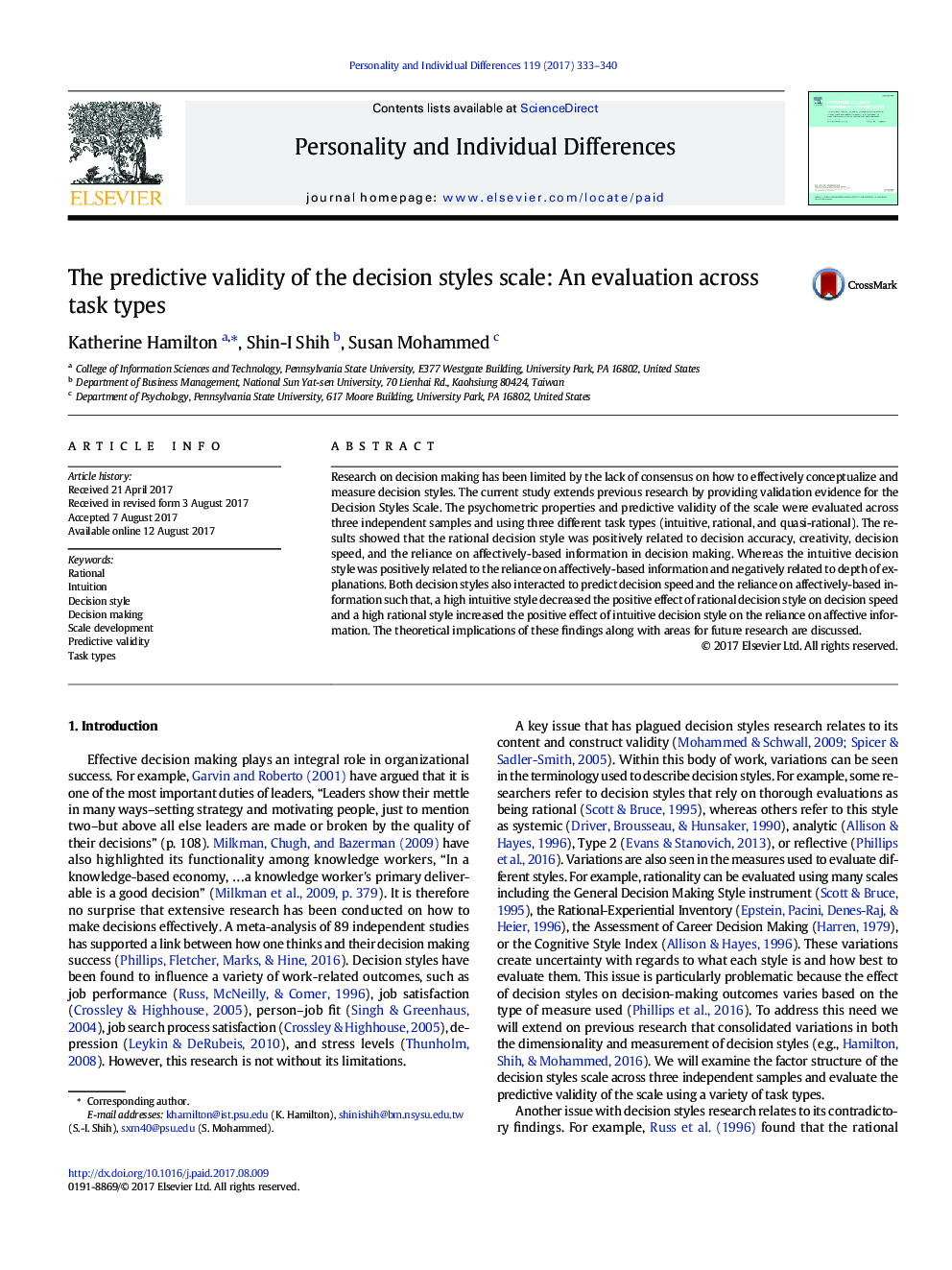 The predictive validity of the decision styles scale: An evaluation across task types