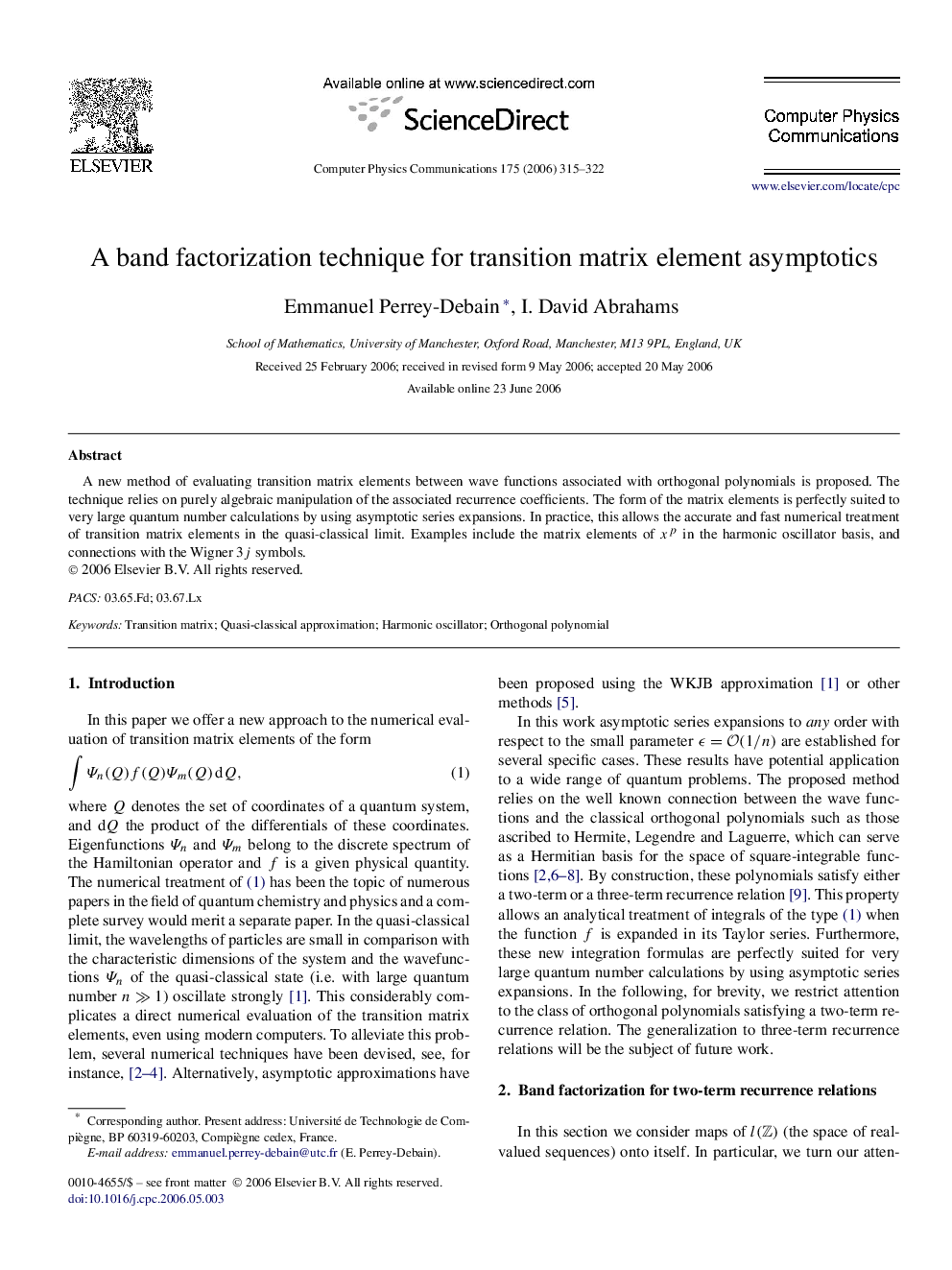 A band factorization technique for transition matrix element asymptotics