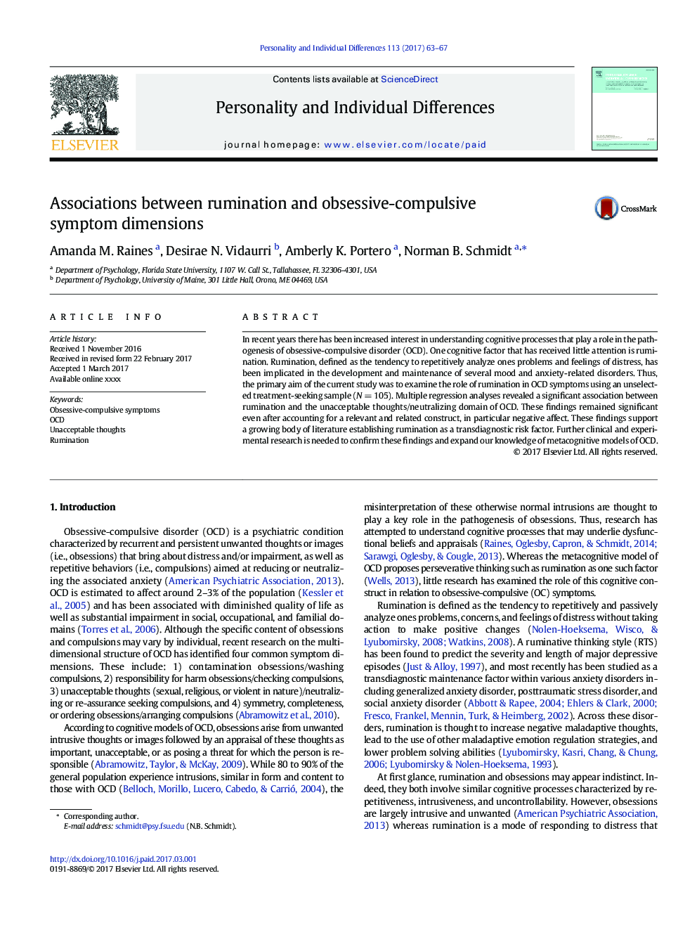 Associations between rumination and obsessive-compulsive symptom dimensions