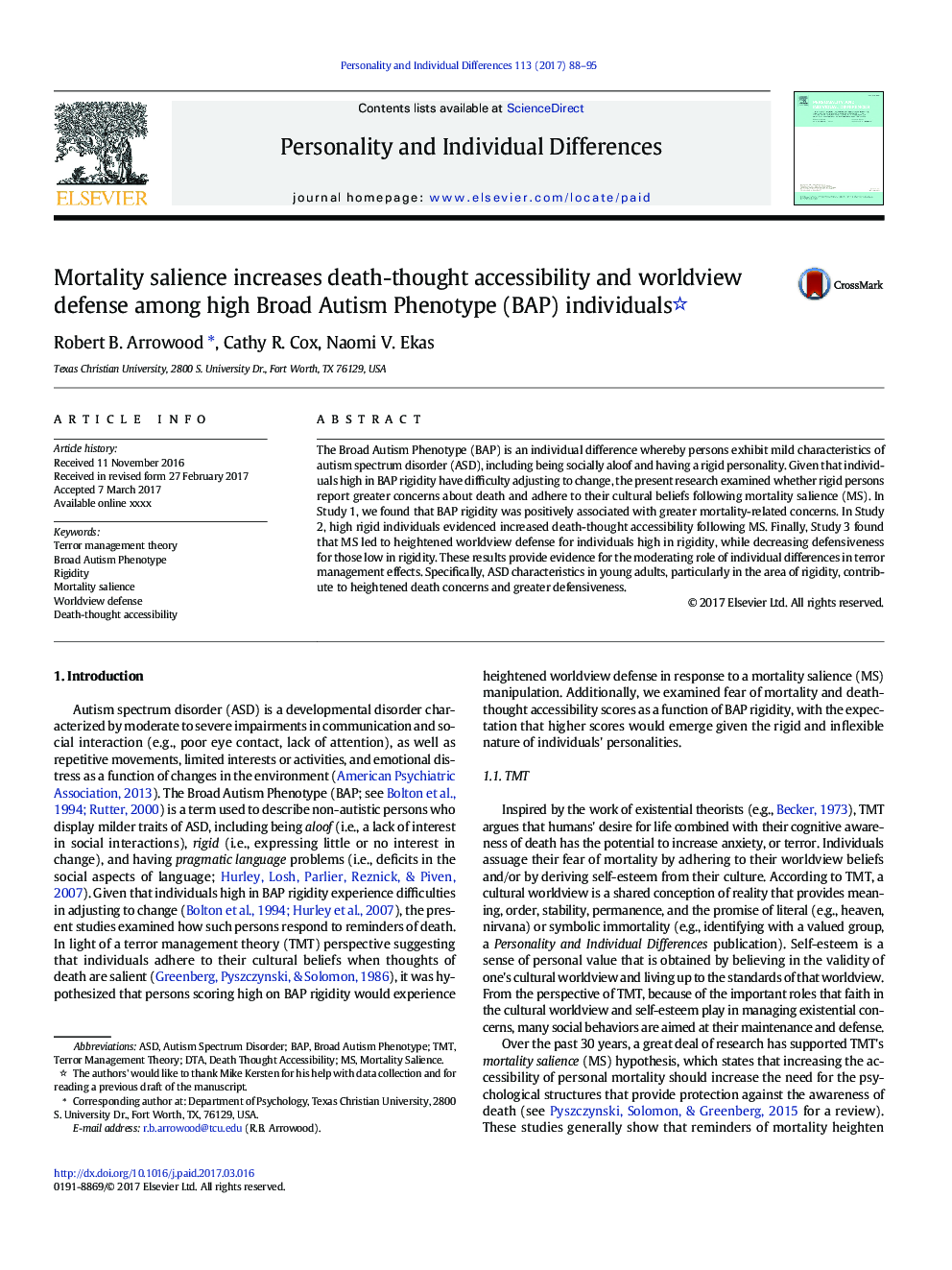 Mortality salience increases death-thought accessibility and worldview defense among high Broad Autism Phenotype (BAP) individuals